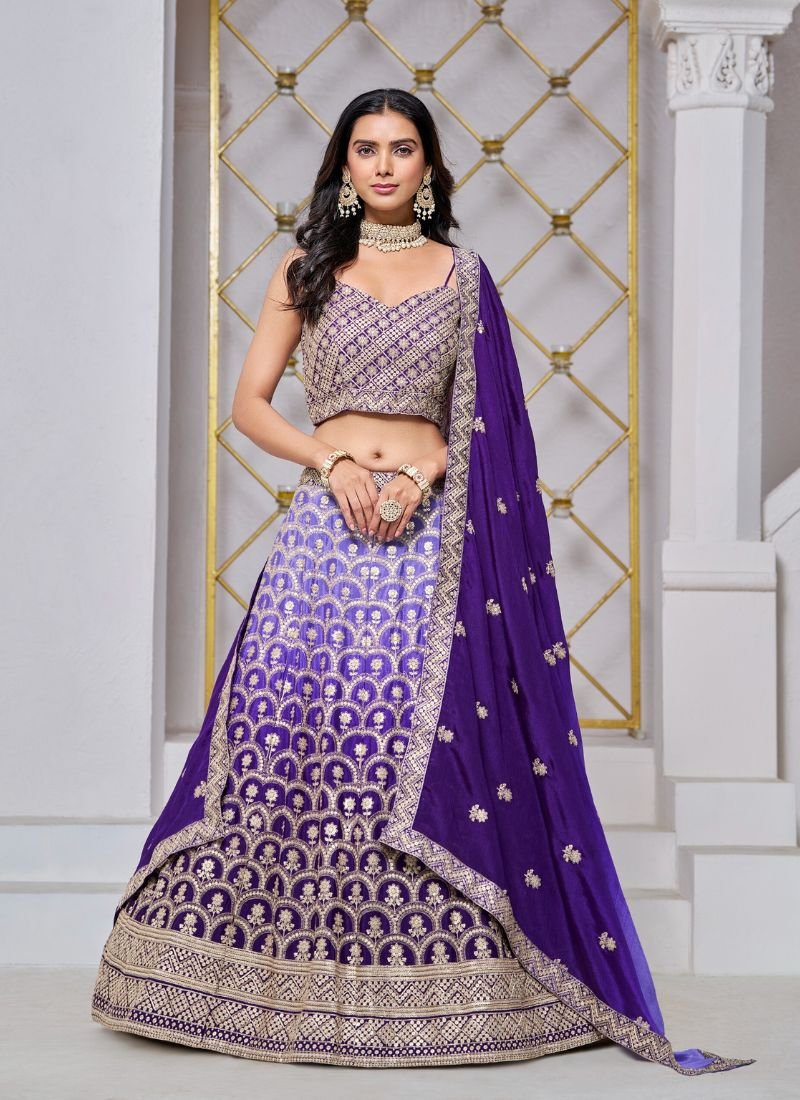 Exquisite heavy embroidered chinon lehenga in purple