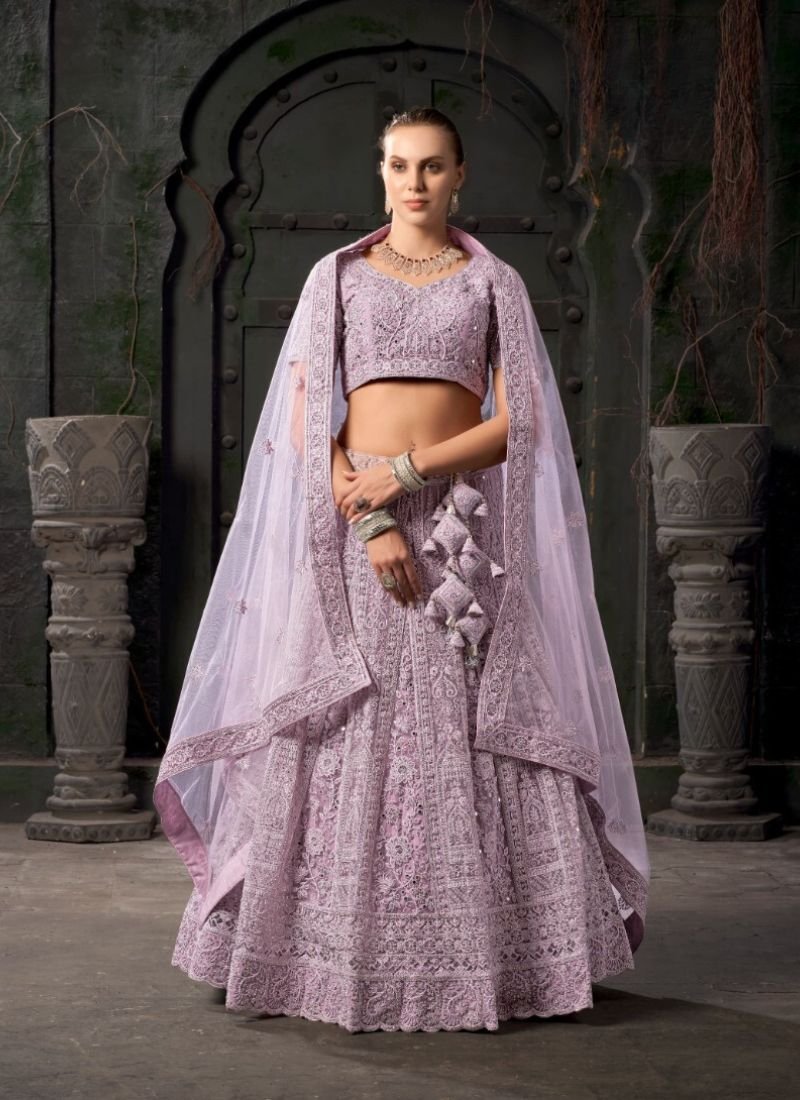 Premium heavy net zarkan embroidered lehenga in purple