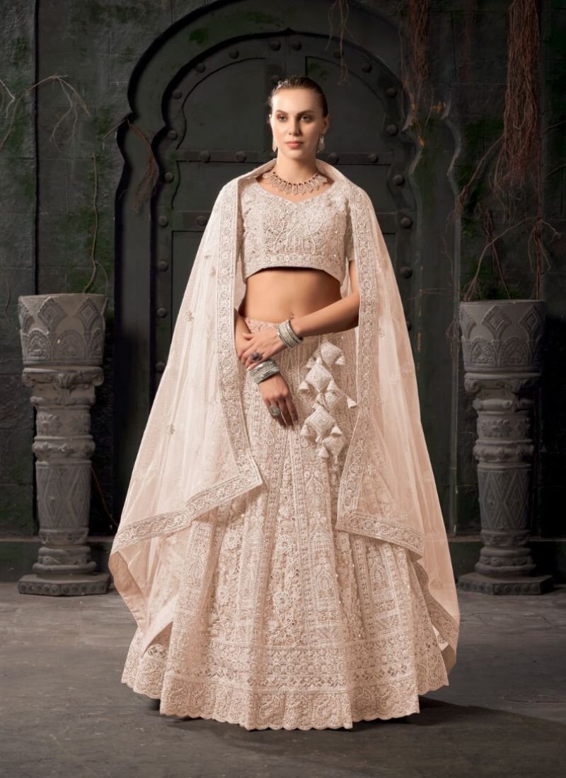 Premium heavy net zarkan embroidered lehenga in cream