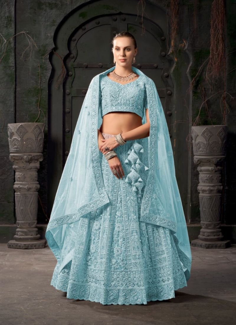 Premium heavy net zarkan embroidered lehenga in blue