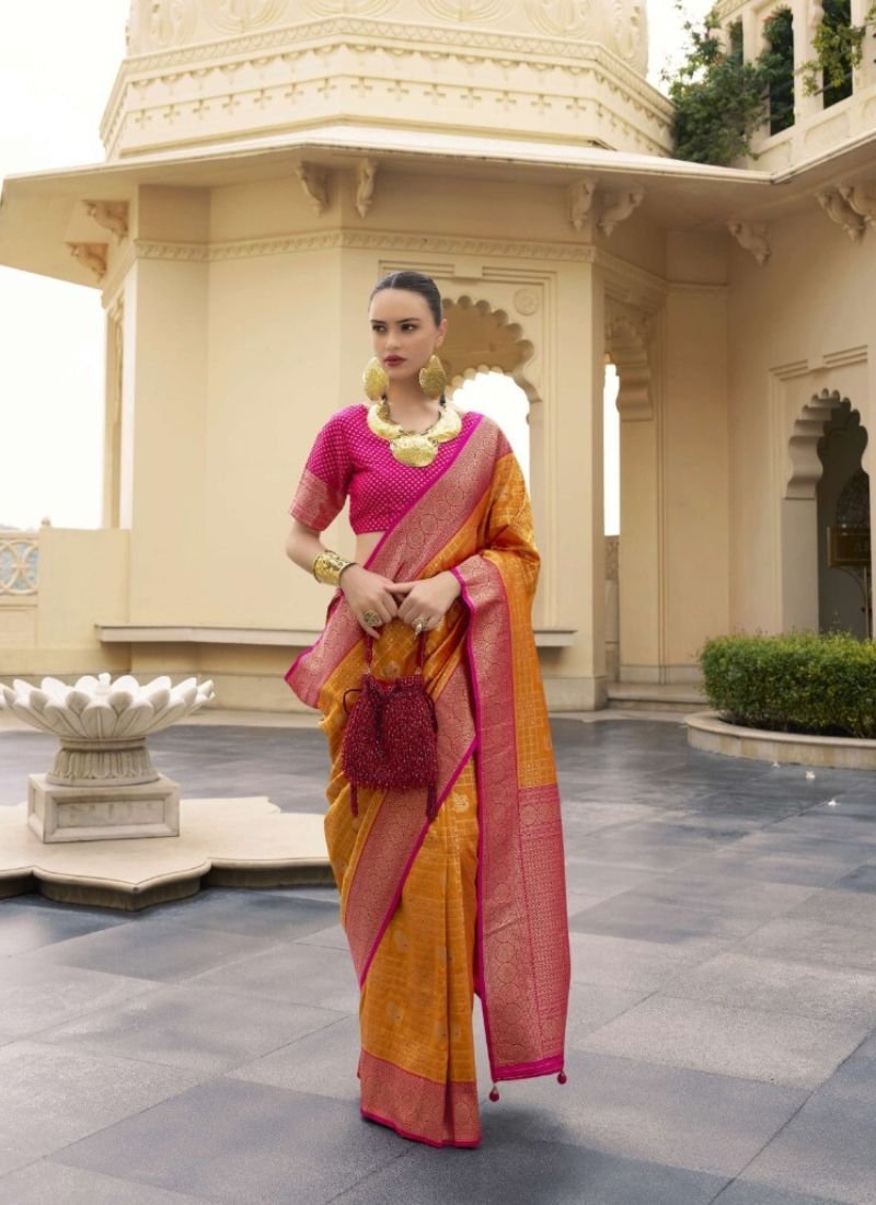 Beautiful hand woven banarasi silk saree in orange