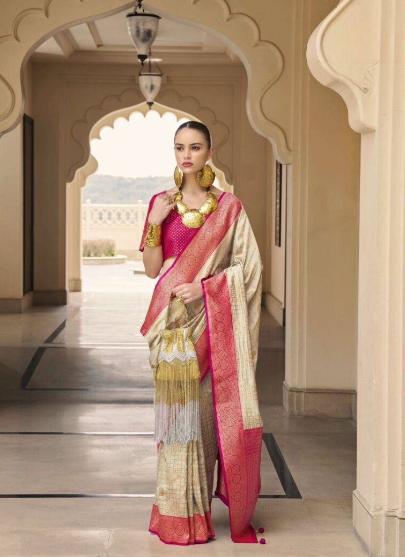 Beautiful hand woven banarasi silk saree in cream