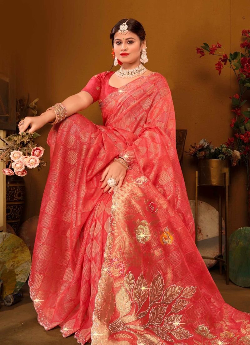 Elegant heavy zarkan silk saree in red