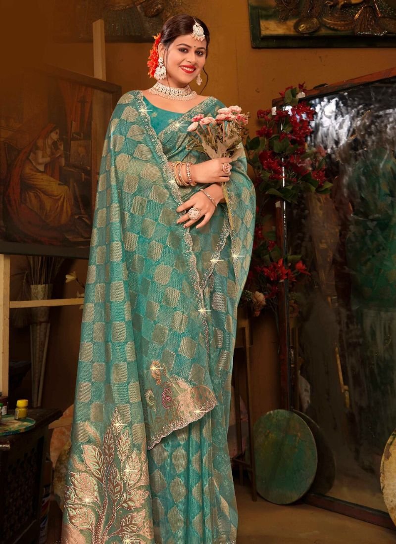 Elegant heavy zarkan silk saree in green