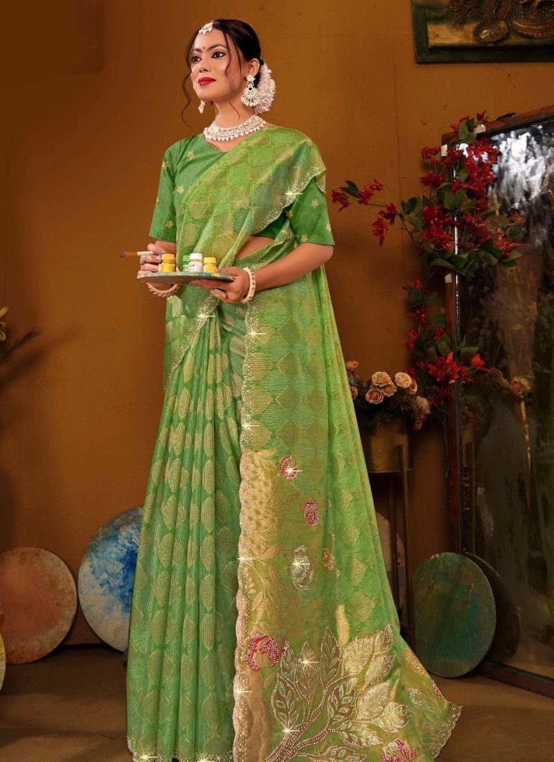 Elegant heavy zarkan silk saree in light green