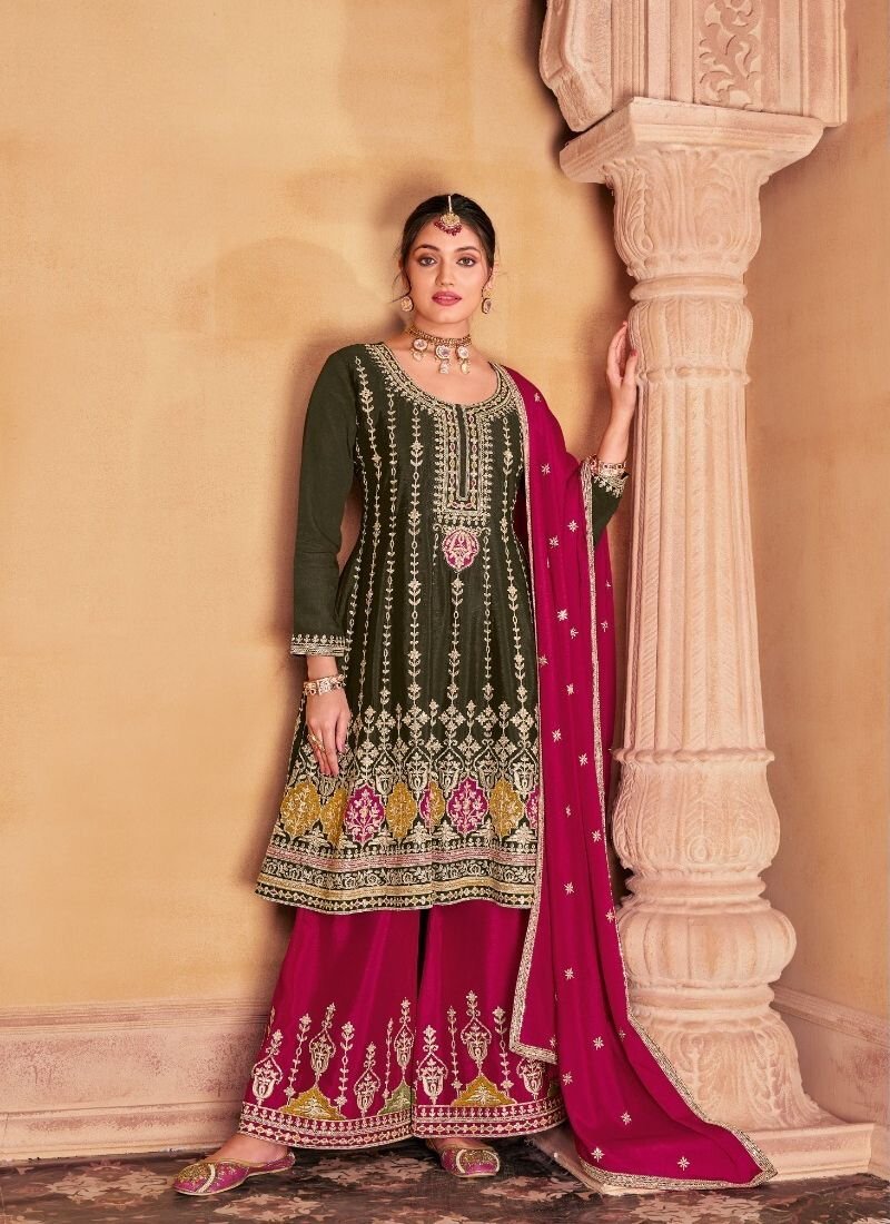 Designer heavy thread embroidered chinon kurta palazzo suit in dark green