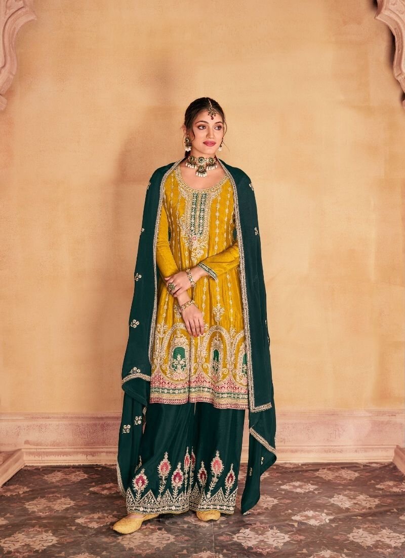 Designer heavy thread embroidered chinon kurta palazzo suit in yellow