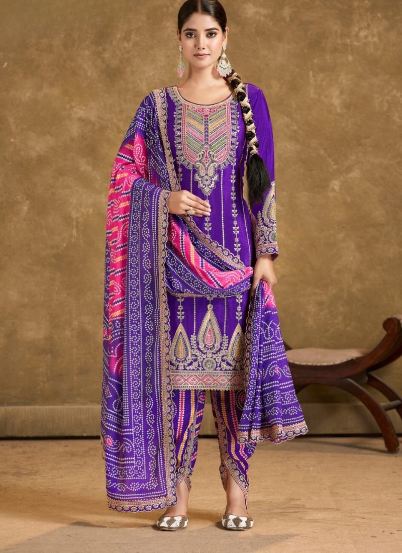 Premium hand mirror embroidered chinon salwar suit in dark purple