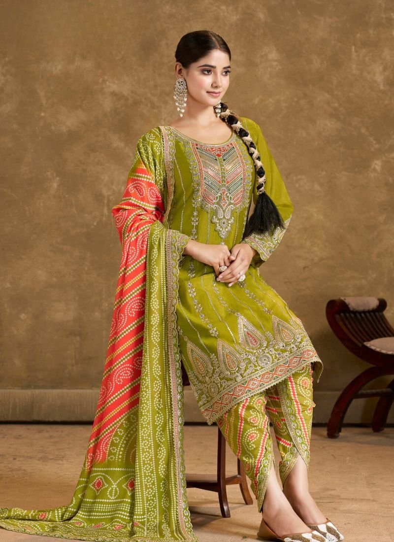 Premium hand mirror embroidered chinon salwar suit in light green