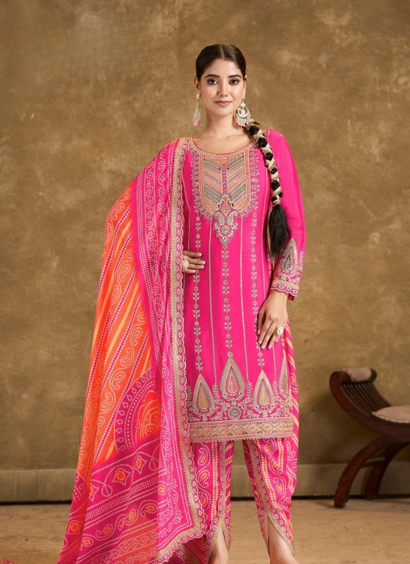 Premium hand mirror embroidered chinon salwar suit in pink