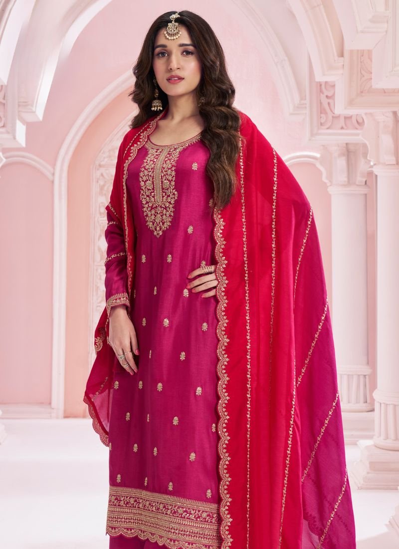 Elegant thread embroidered chinon palazzo suit in red