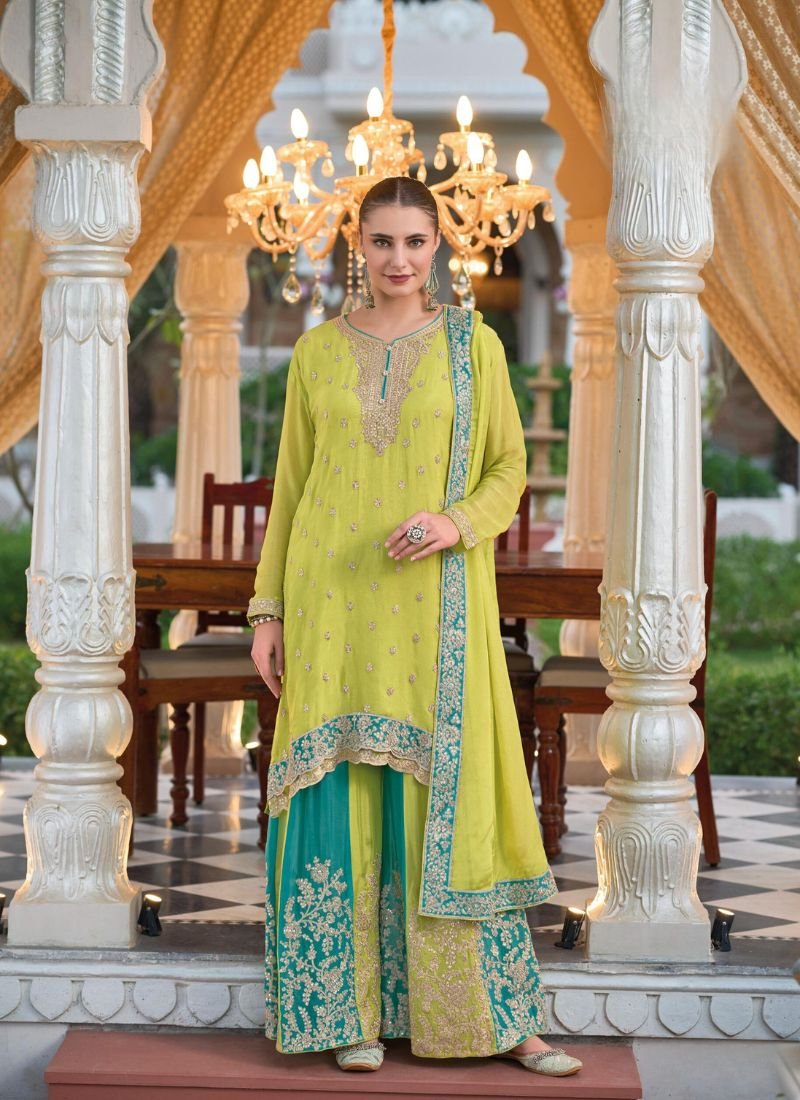 Trendy heavy thread embroidered chinon silk palazzo suit in light green