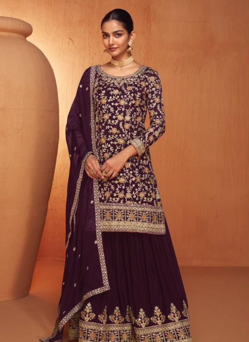 Real chinon sharara suit with heavy embroidery in maroon