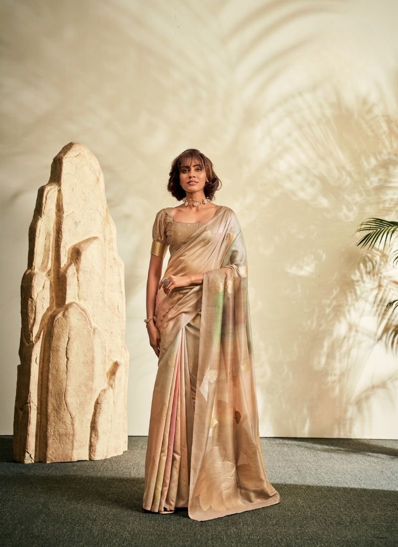 Elegant digital printed silk saree in beige