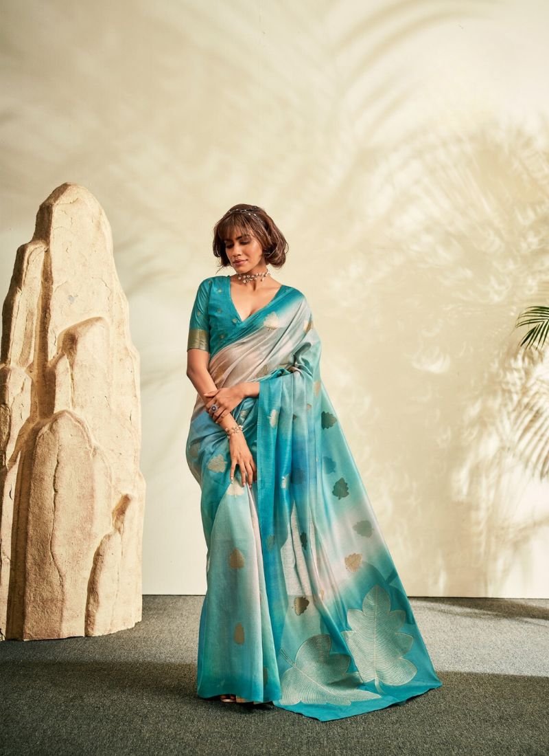 Elegant digital printed silk saree in blue