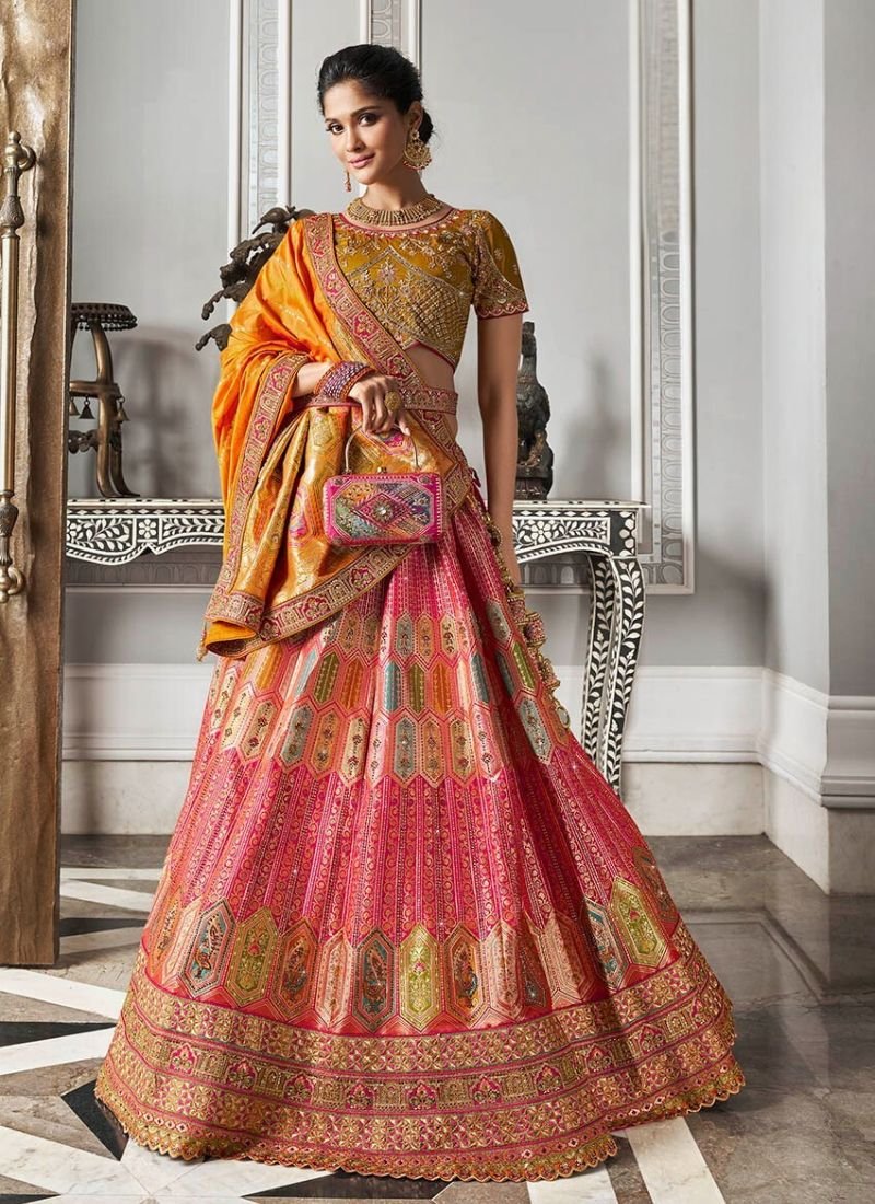 Designer zarkan embroidered banarsi silk lehenga in yellow