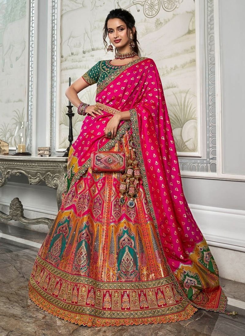 Designer zarkan embroidered banarsi silk lehenga in pink