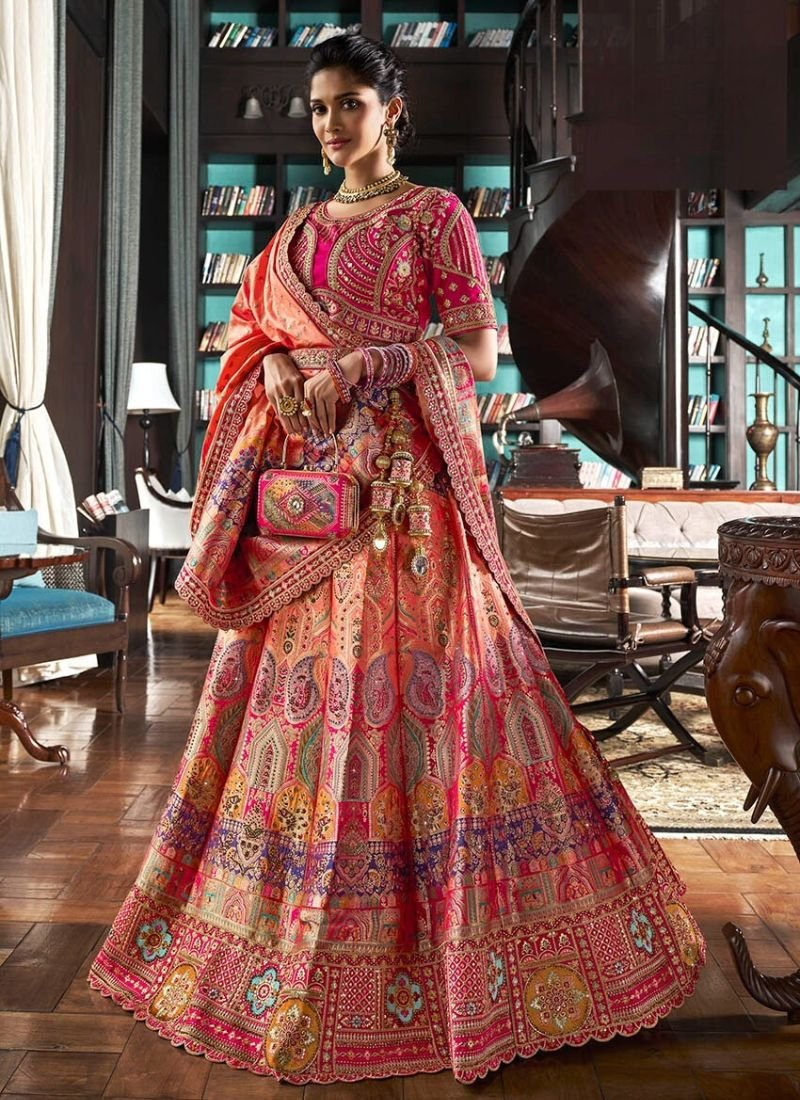 Designer zarkan embroidered banarsi silk lehenga in light pink