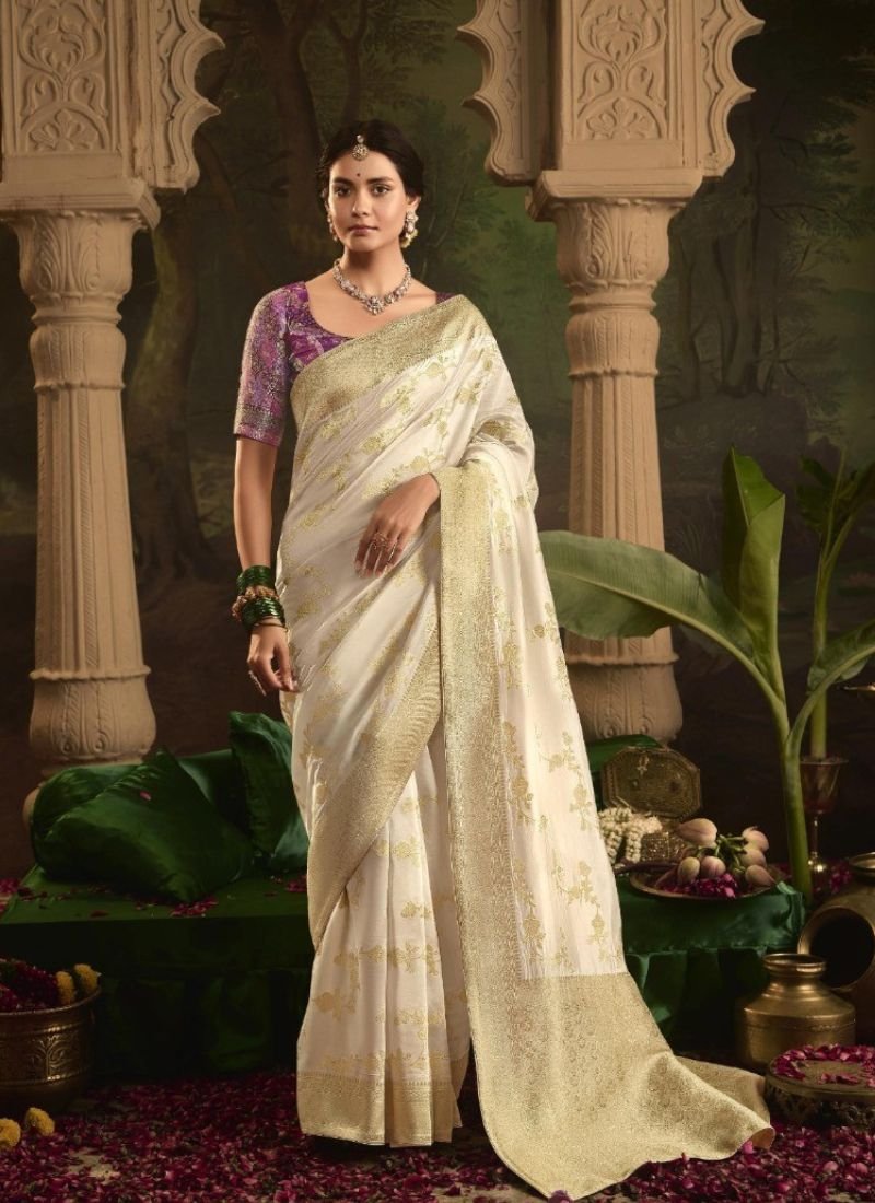 Beautiful zari weaving dola silk saree in off white