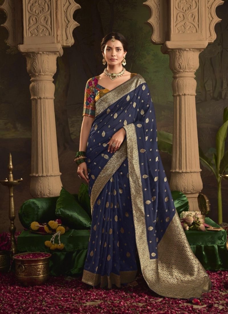 Beautiful zari weaving dola silk saree in Navy Blue