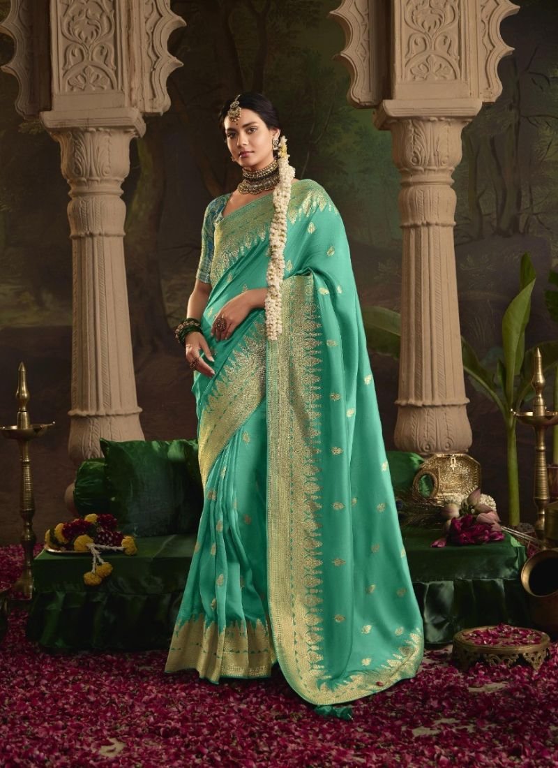 Beautiful zari weaving dola silk saree in green