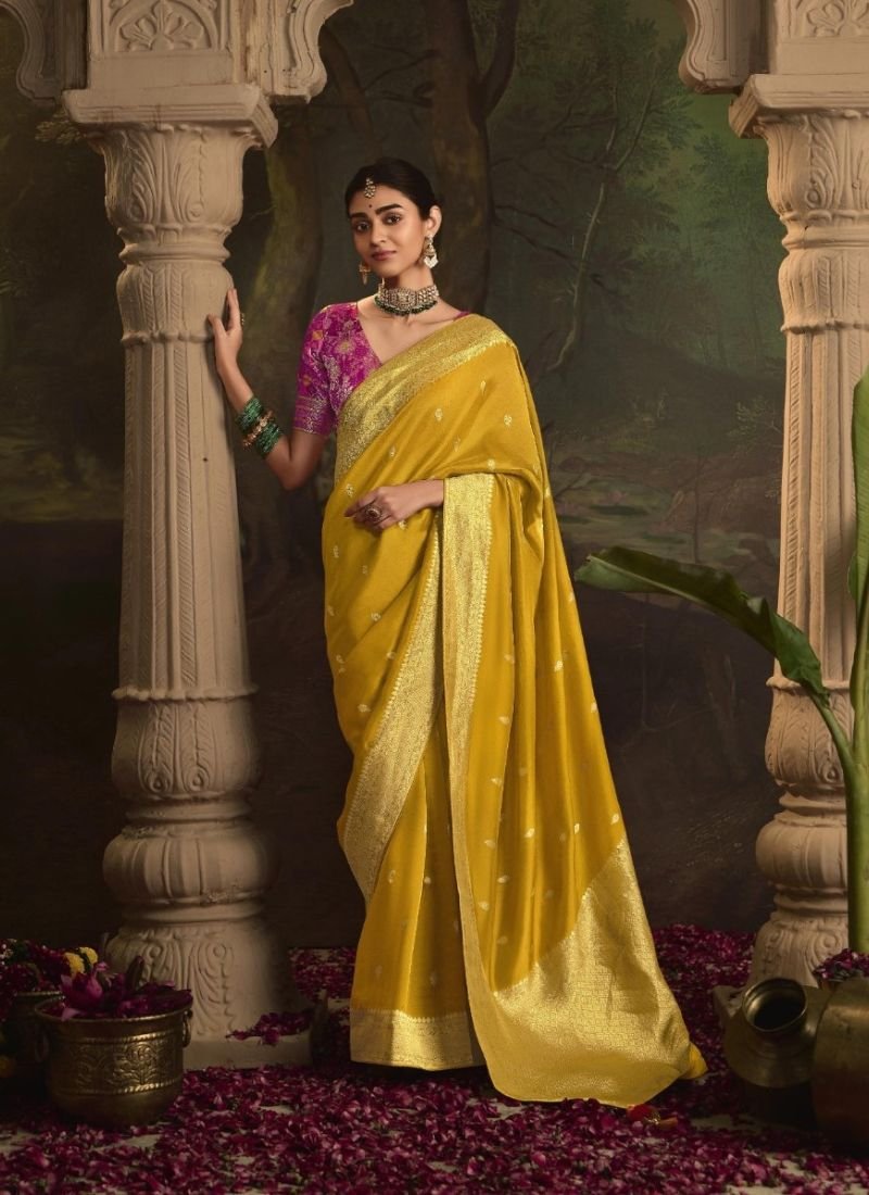 Beautiful zari weaving dola silk saree in Yellow