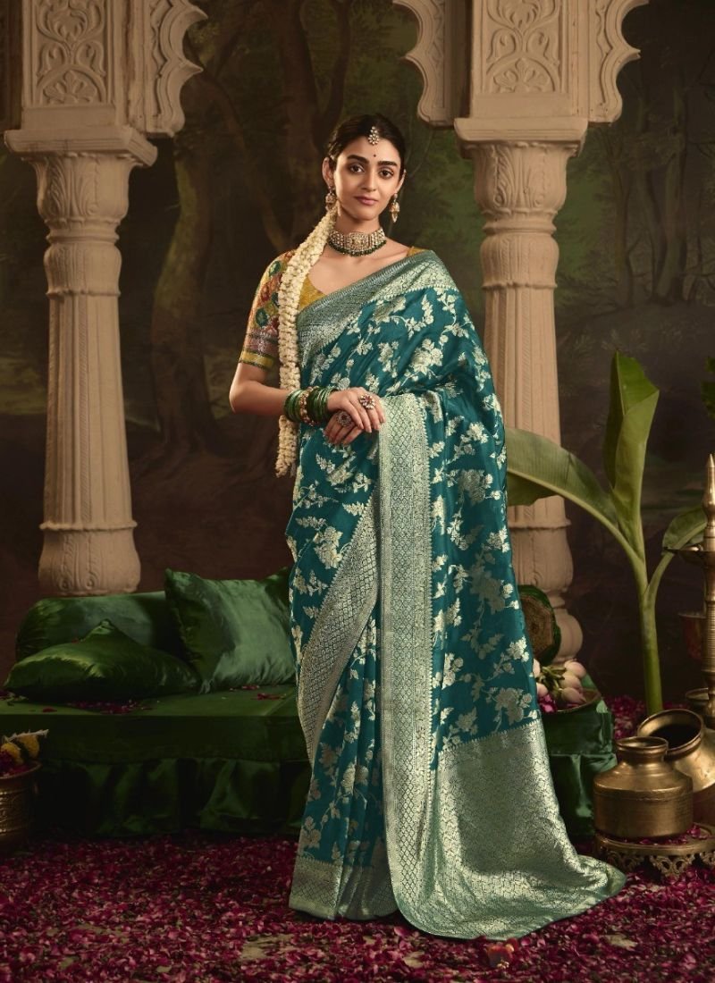 Beautiful zari weaving dola silk saree in Dark green