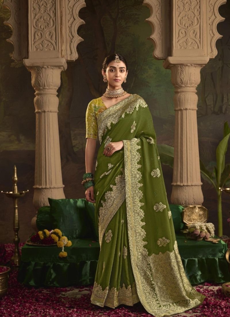 Beautiful zari weaving dola silk saree in Mehendi Green