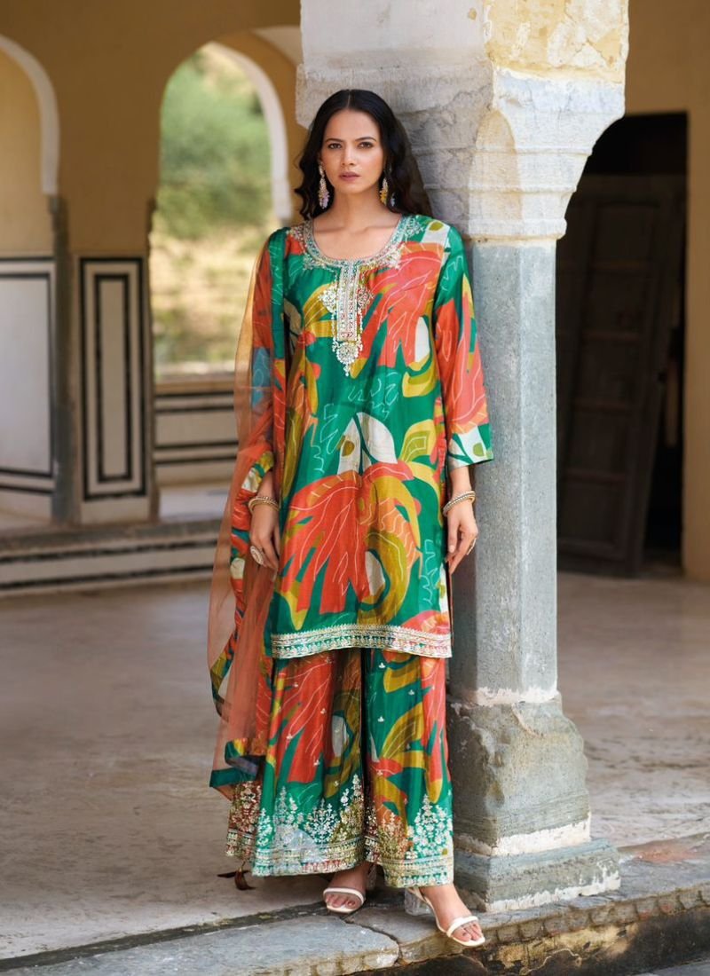 Stunning digital printed real chinon sharara suit in dark green