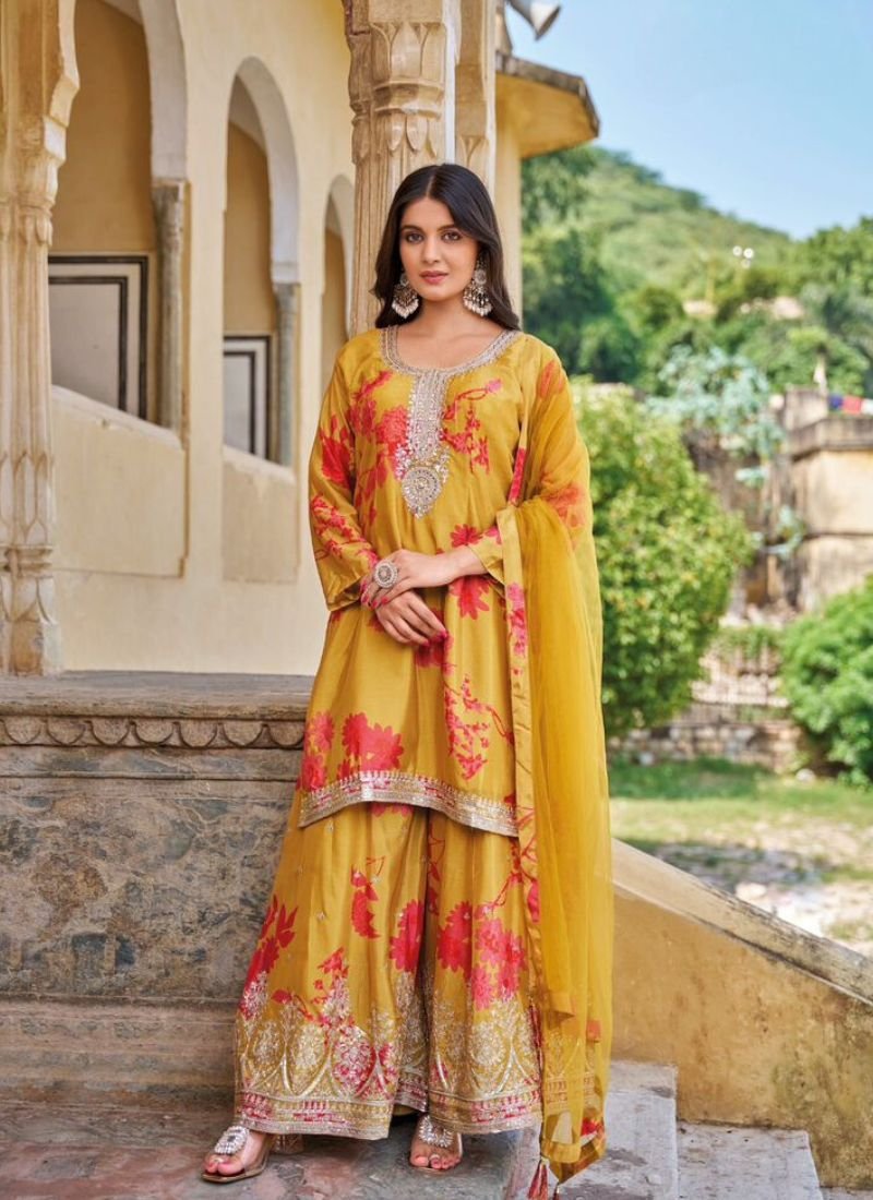 Stunning digital printed real chinon sharara suit in orange