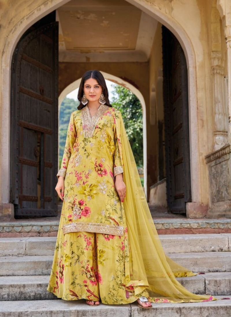 Stunning digital printed real chinon sharara suit in Yellow