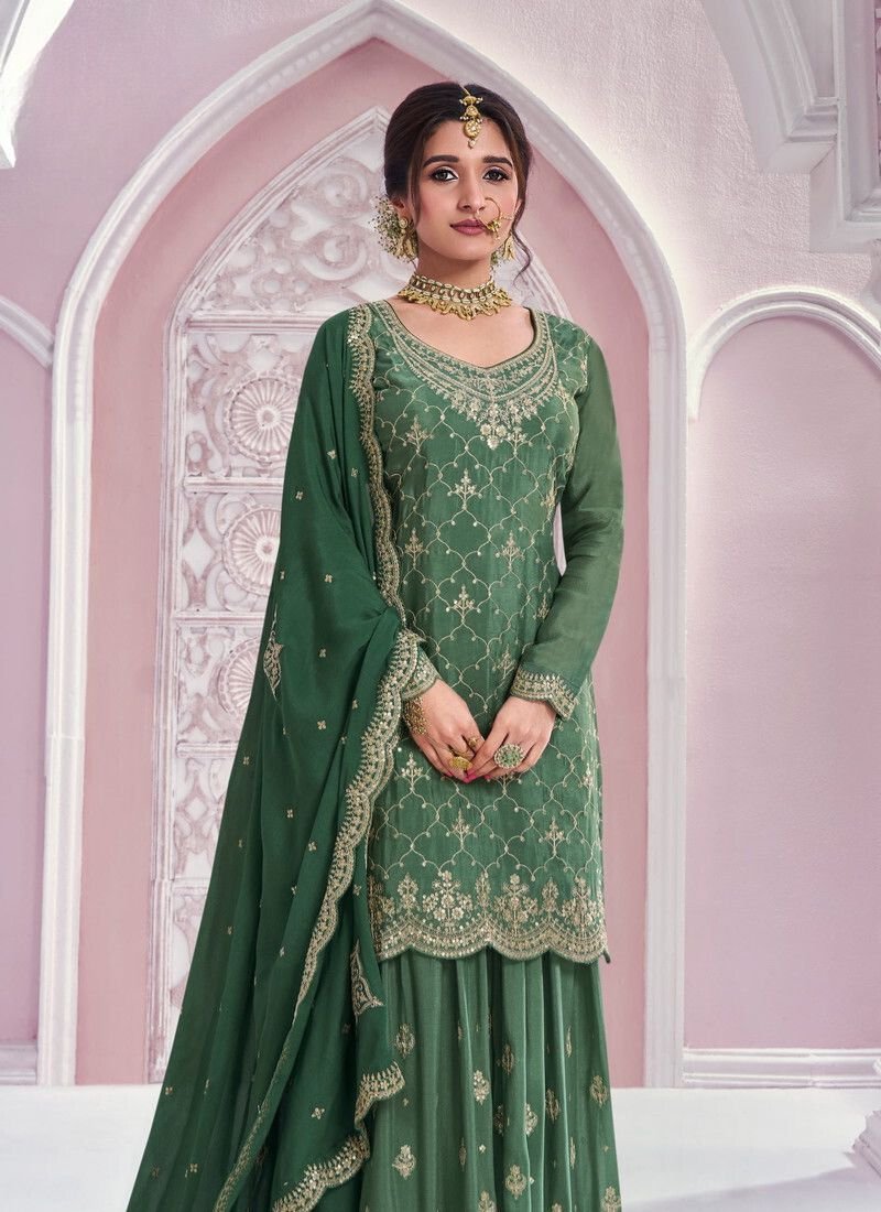 Beautiful mirror embroidered chinon sharara suit in dark green