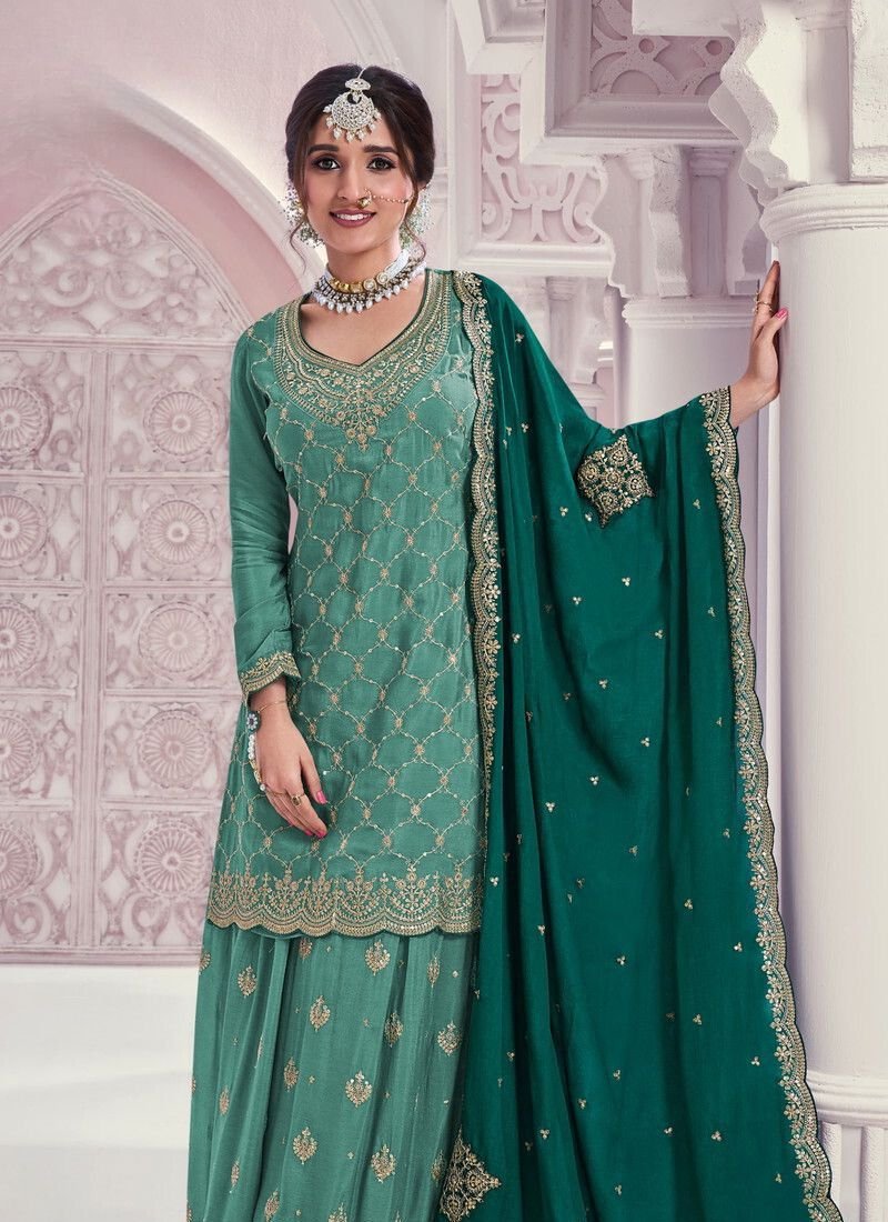 Beautiful mirror embroidered chinon sharara suit in green