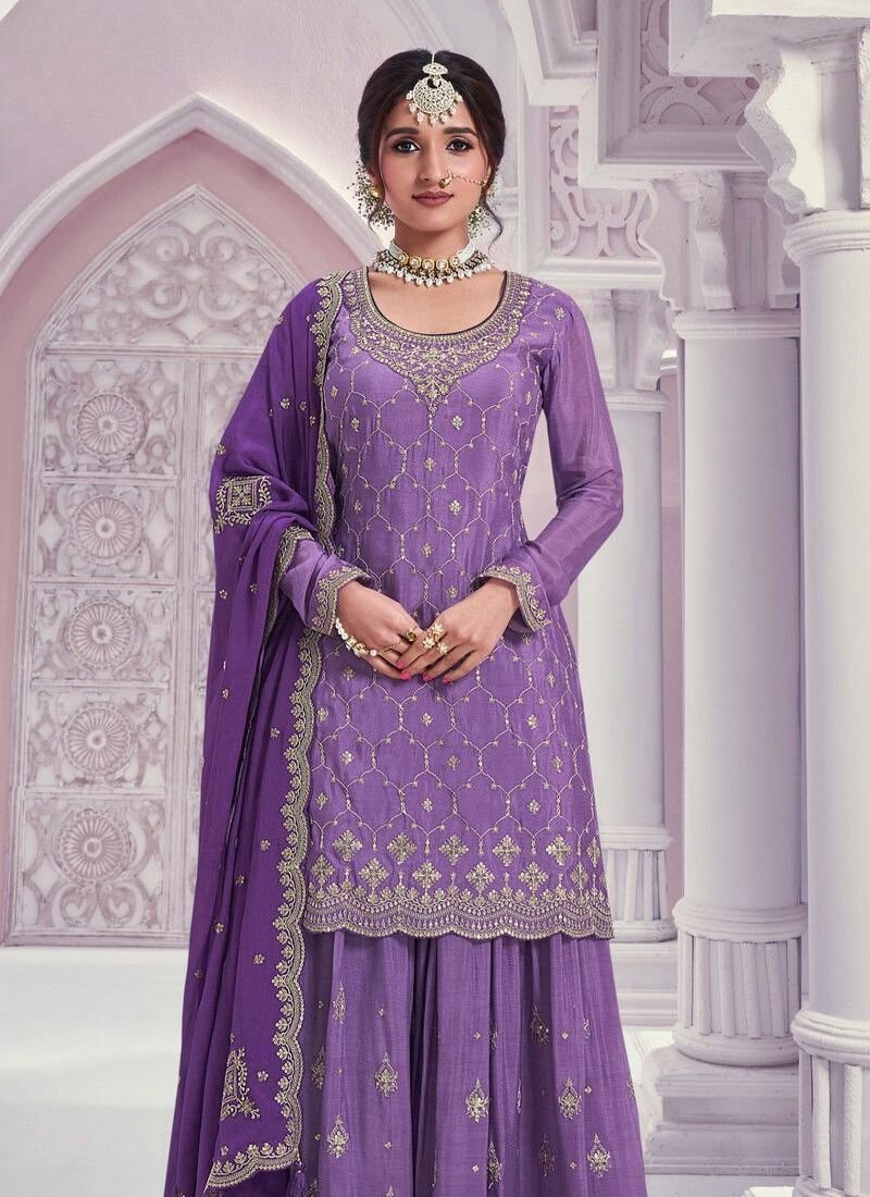 Beautiful mirror embroidered chinon sharara suit in purple