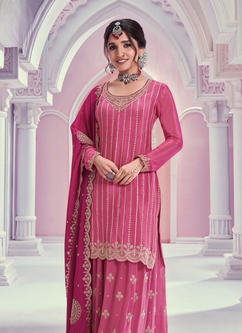 Beautiful mirror embroidered chinon sharara suit in pink