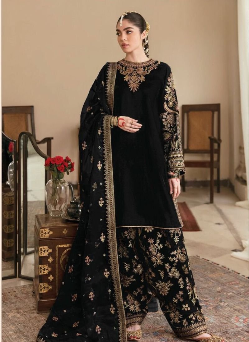 Exquisite heavy embroidered velvet salwar suit in black