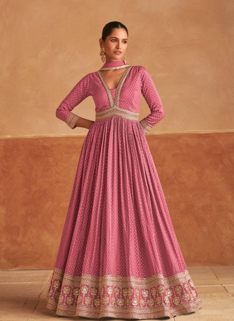 Beautiful resham embroidered viscose silk anarkali suit in pink