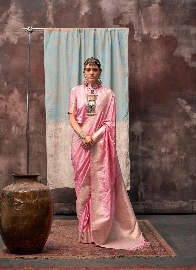 Designer handloom satin silk saree in pink