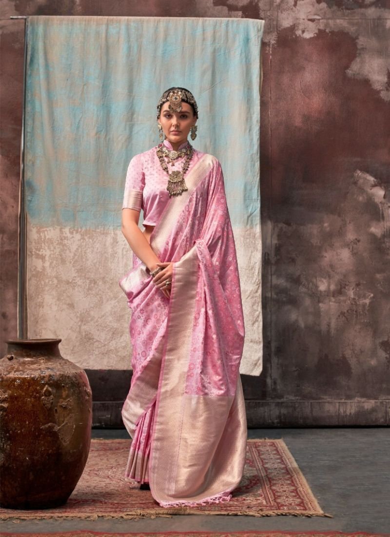 Designer handloom satin silk saree in baby pink