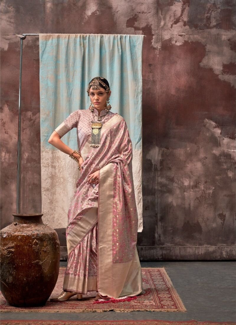 Designer handloom satin silk saree in light purple