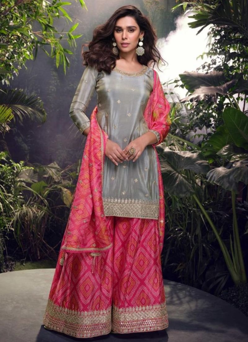 Beautiful digital printed chinon silk sharara suit in pink