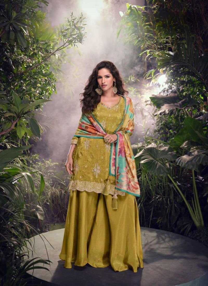 Beautiful digital printed chinon silk sharara suit in mustard