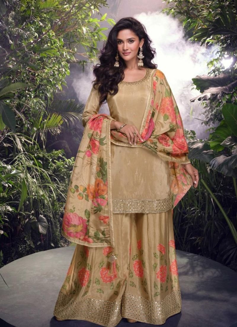 Beautiful digital printed chinon silk sharara suit in beige