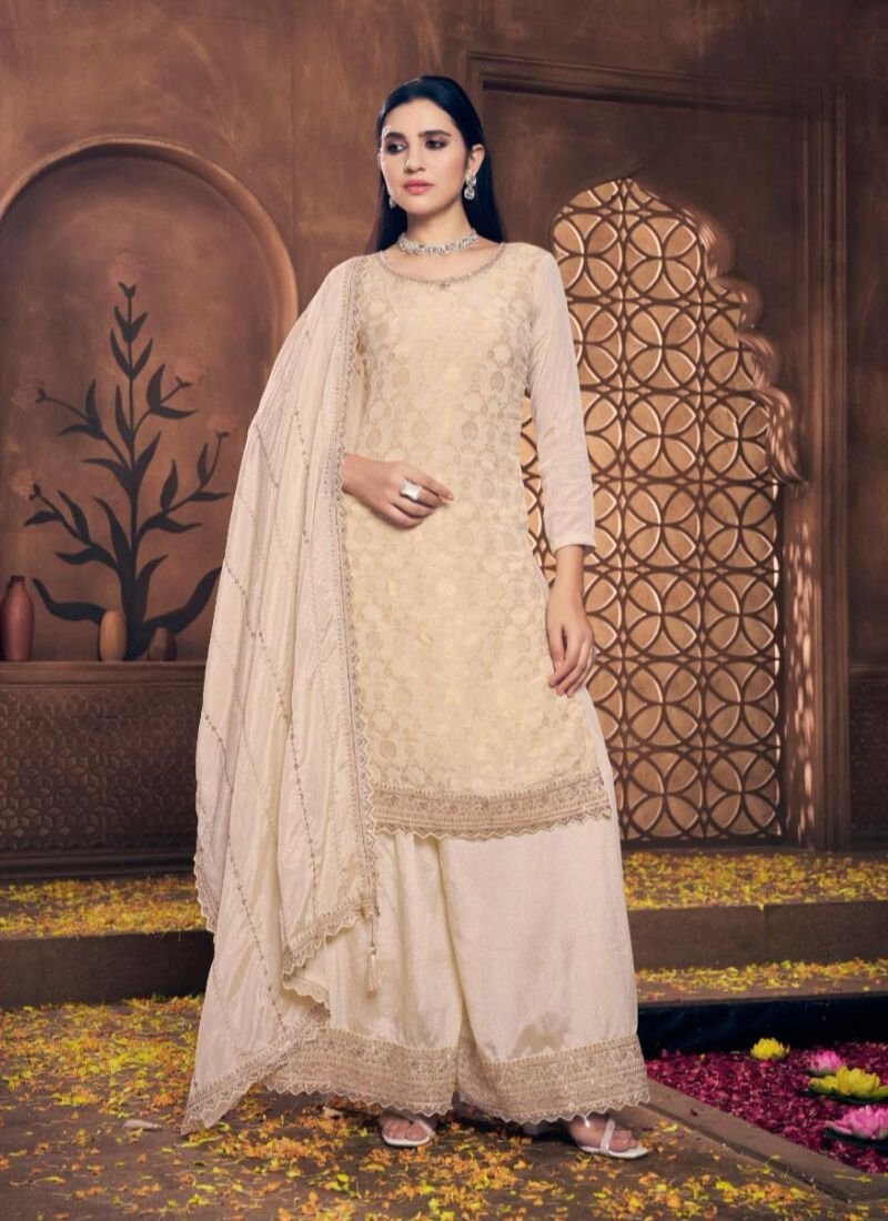 Trendy jacquard printing viscose chinon kurta palazzo suit in cream