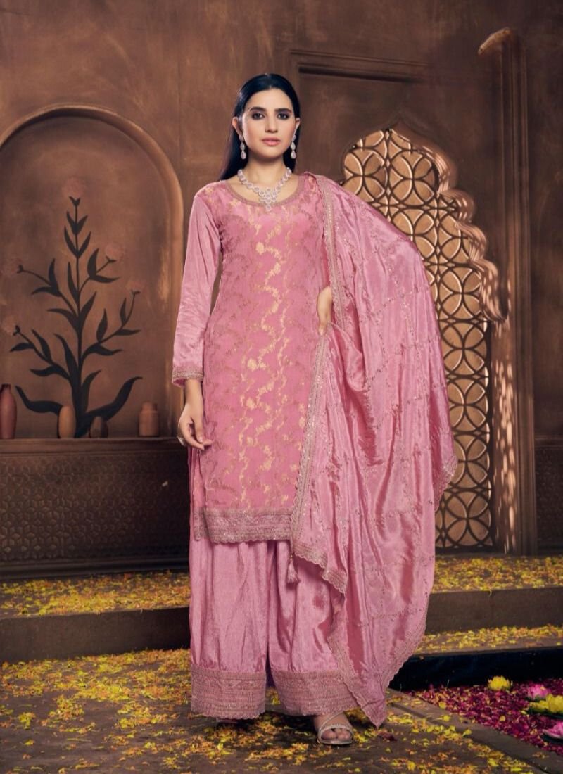 Trendy jacquard printing viscose chinon kurta palazzo suit in peach