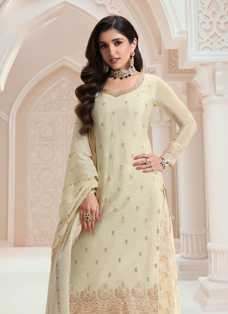 Beautiful jacquard floral embroidered chinon sharara suit in cream