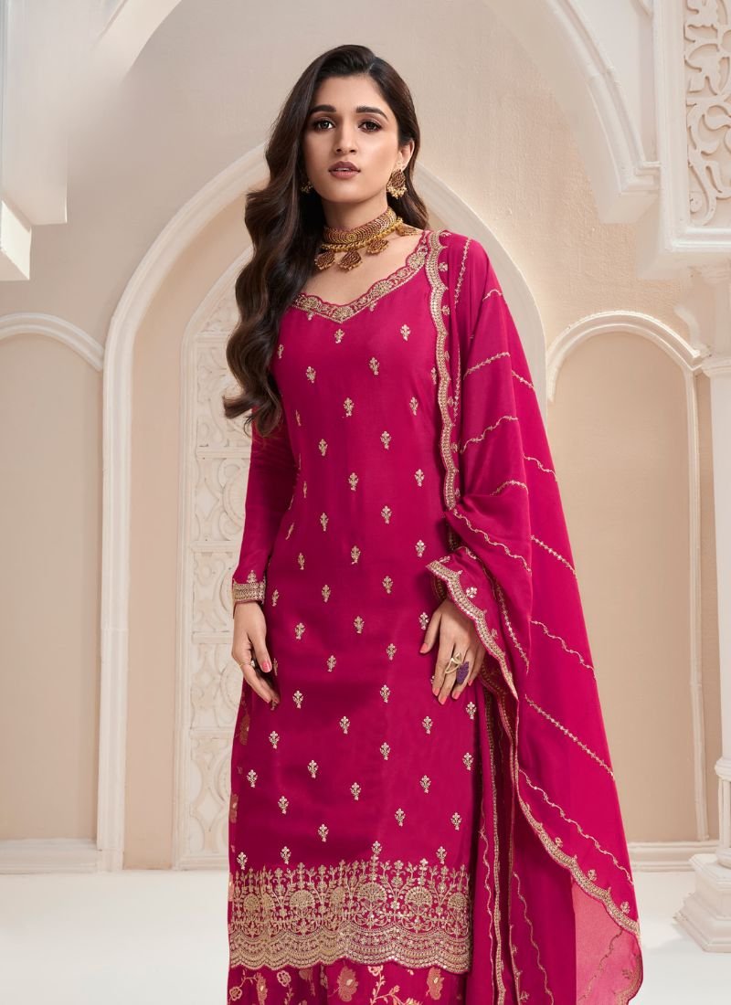 Beautiful jacquard floral embroidered chinon sharara suit in pink