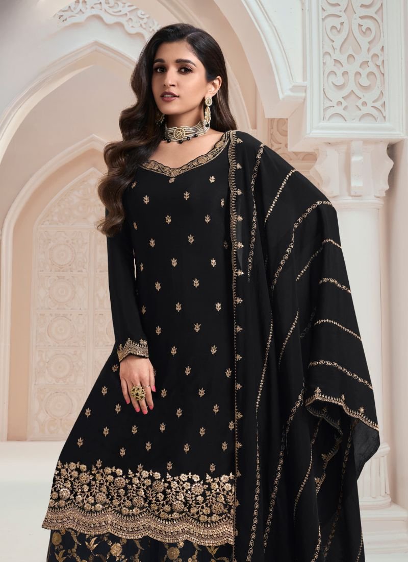 Beautiful jacquard floral embroidered chinon sharara suit in black