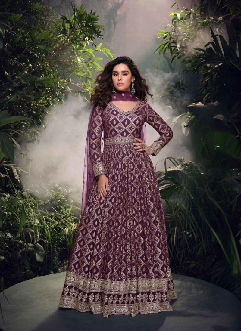 Designer embroidery viscose jacquard Anarkali Suit in dark purple