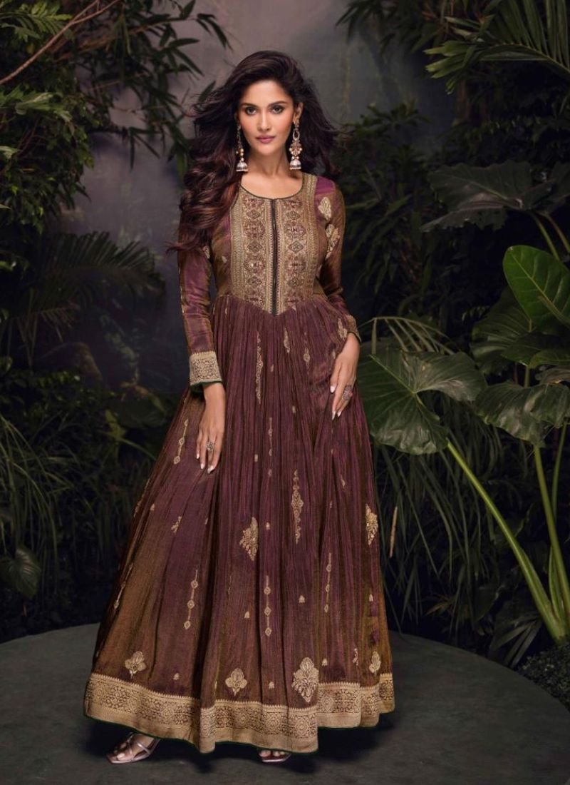 Designer embroidery viscose jacquard Anarkali Suit in brown